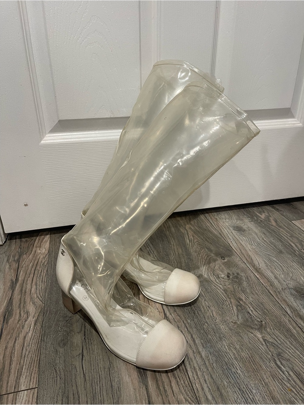 CHANEL Clear PVC Knee Boots with White Cap Toe and Heel - Picture 3 of 8